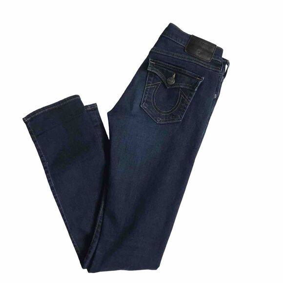 TRUE RELIGION Cora Jean Women 27 x 33 Tall Straight Slim Stretch Dark Blue Denim - Picture 1 of 15
